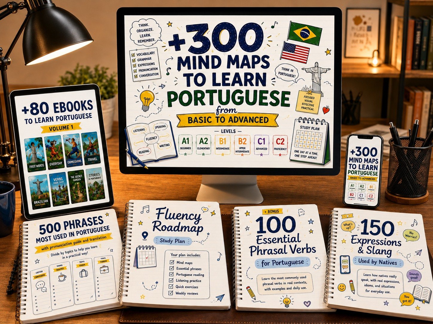 Complete Portuguese mind map kit shown on a monitor, tablet, phone and printed notebooks